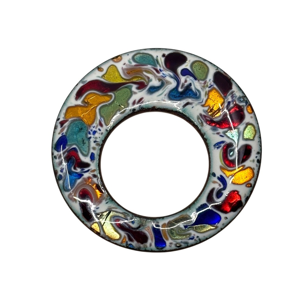 Vintage HEB Canada Enamel on Copper Abstract Multicolor Swirl Circle Brooch Pin
